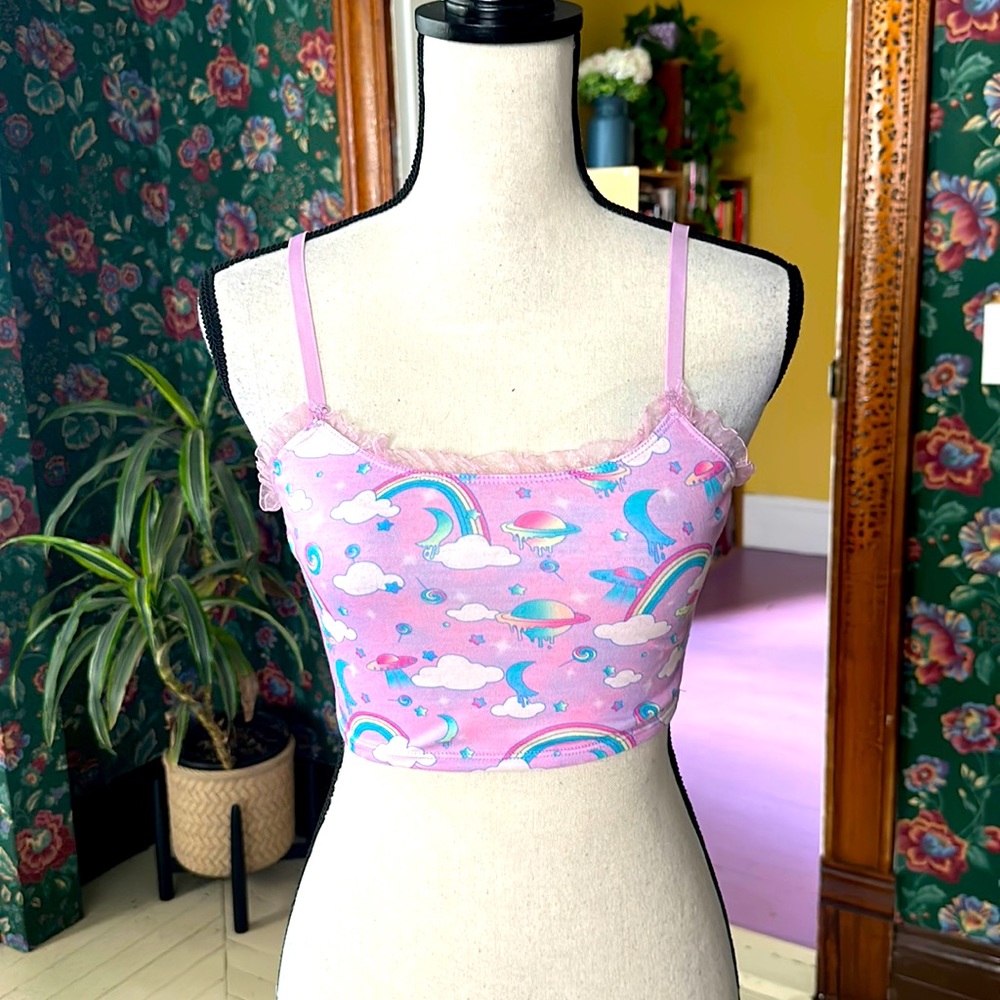 Dolls Kill Sugar Thrillz Planets Ruffle Sleep Crop Top